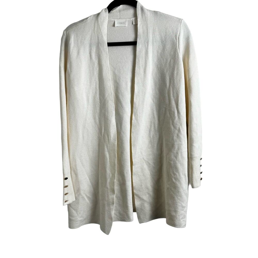 Cyrus Open Front Rayon Blend Cardigan Size Medium Ivory Ribbed Cuff Classy